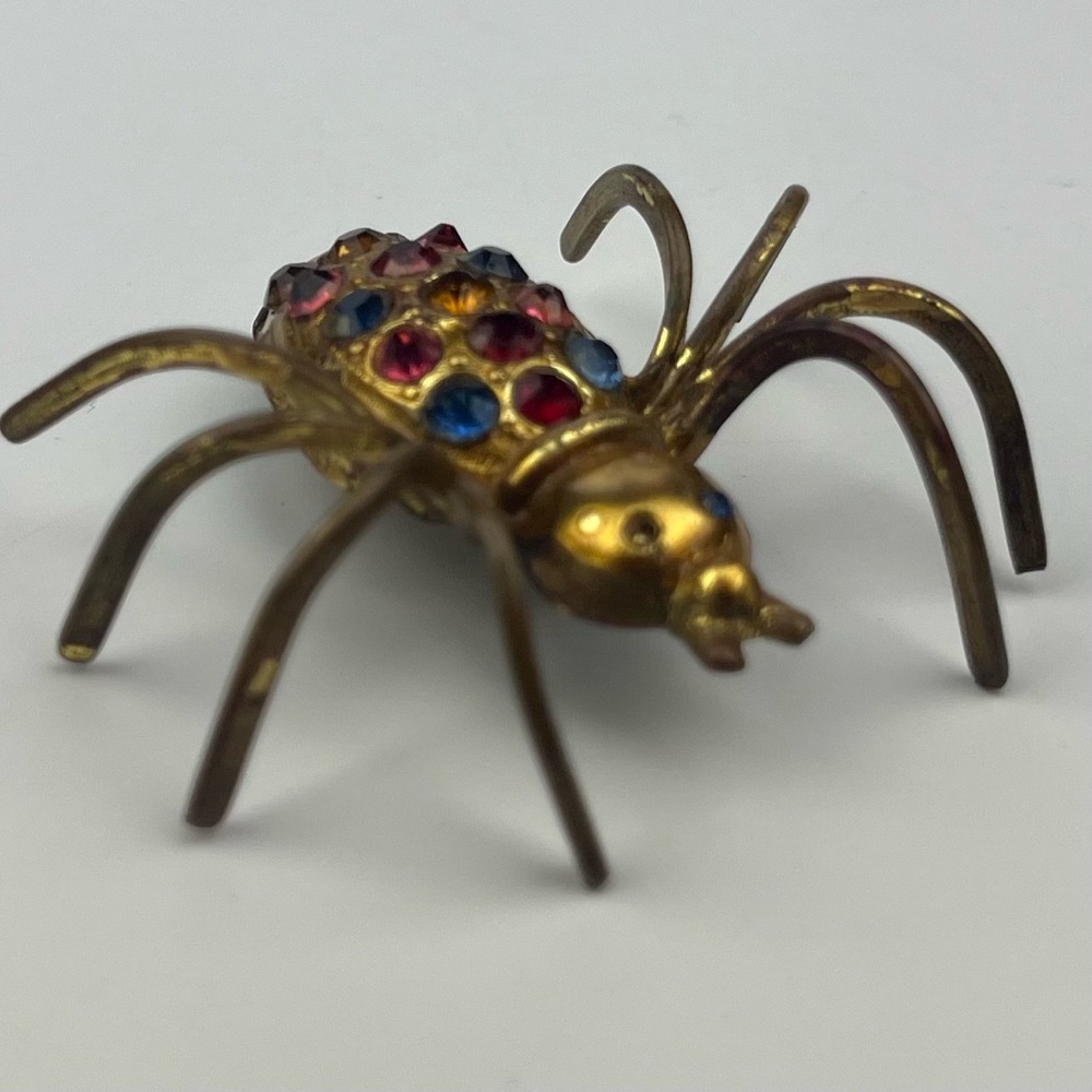 Vintage Czechoslovakian Brass Metal Bug Spider Insect Brooch Pin Rhinestones